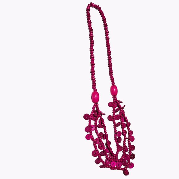 Retro Pink Wooden Disc Beaded Multi Strand Necklace 80s 90s Fashion Jewelry - Picture 2 of 6